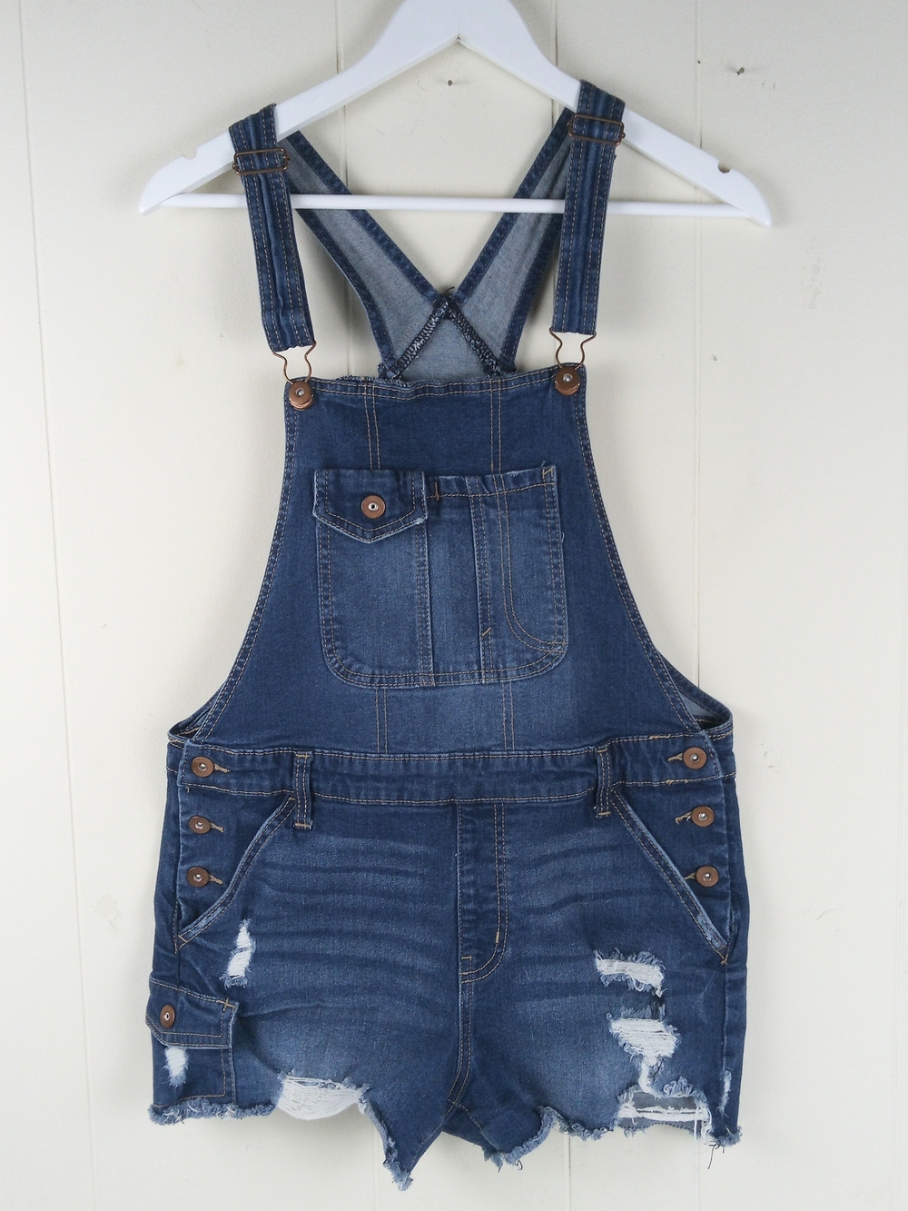 Denim Short Overalls - Distressed Blue Junior Size L 11-13